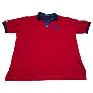 Ralph Lauren Red Navy Polo Zip Snap Shirt 2XL Tall Big Pony Cotton‎ Short Sleeve